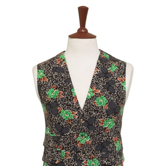 Mens Vest 44R Floral Brown Green Wool Lapel Waistcoat Formal Wedding Groom Party - Picture 4 of 9